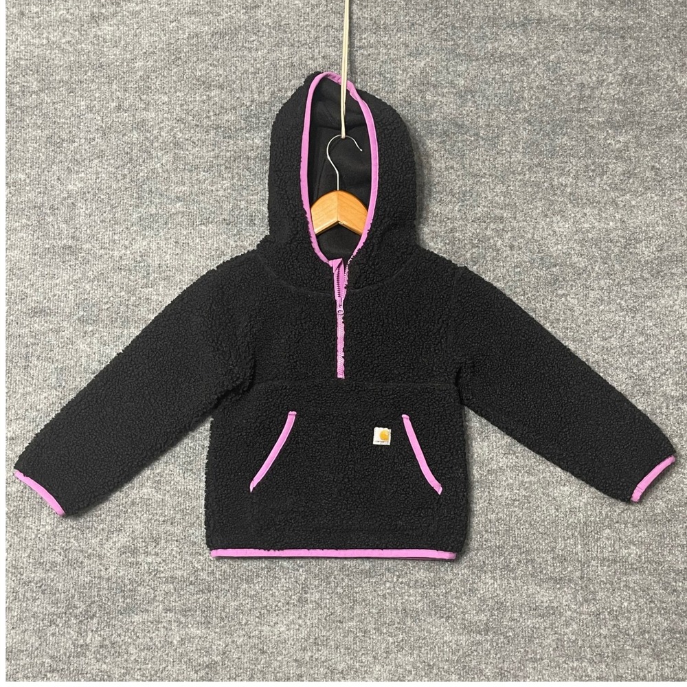 Carhartt Kids 3T Black Sherpa Fleece Pullover Hoodie Pink Trim‎ Pockets